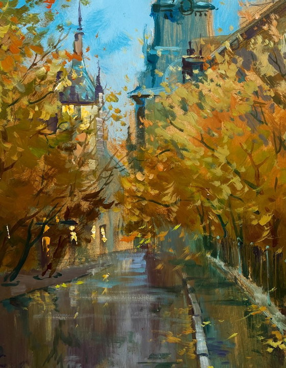 Image 1 of Original Oil Painting Autumn City Landscape The rustle of leaves underfoot