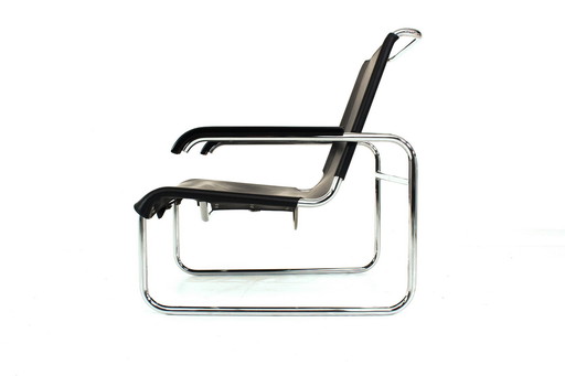 1A Gerestaureerde, vroege editie Marcel Breuer B35 / S35L Loungestoel / Sledestoel voor Thonet, Leer en Chroom, 1 van 2