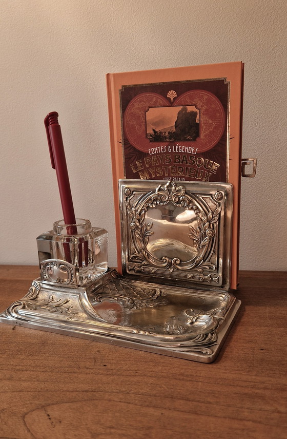 Image 1 of Mail holder with inkwell mirror-Silver-plated metal- 1900's