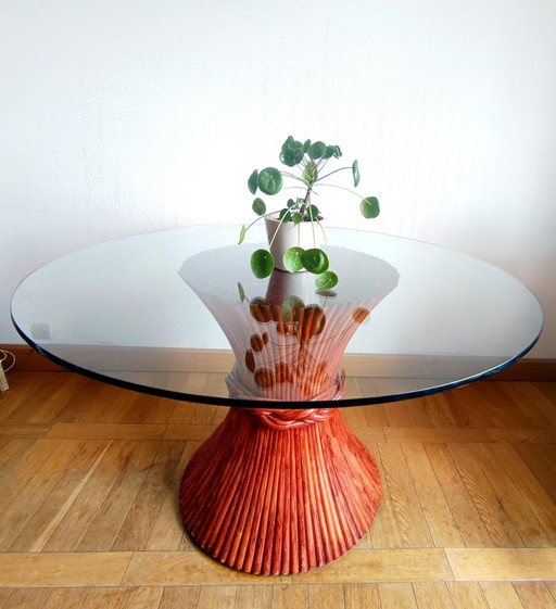 Maugrion for Roche Bobois, circa 1980 Table from the Le Rotin Prestige collection, wheat sheaf model.  Round table base