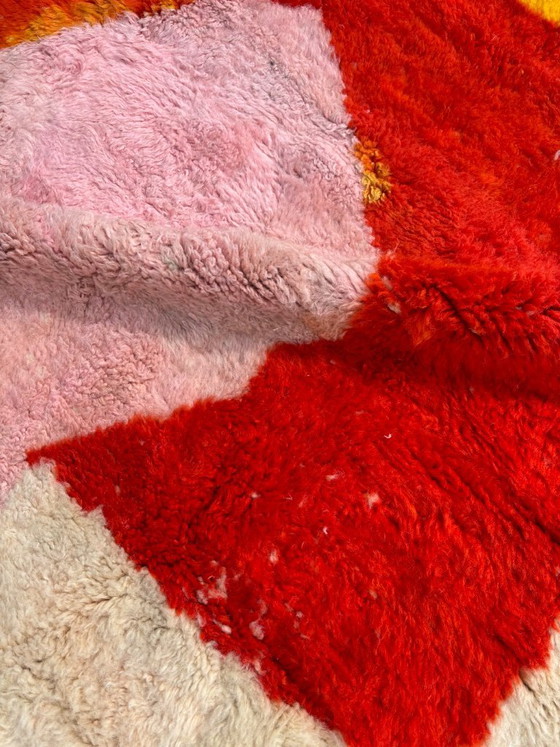 Image 1 of Red Pink Yellow Moroccan Rug | Abstract Beni Ourain Carpet | Handmade Berber Wool Decor | Plush Contemporary Area Rug