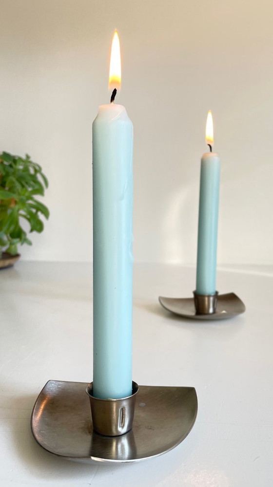 Image 1 of Vintage brushed metal geometric candlesticks