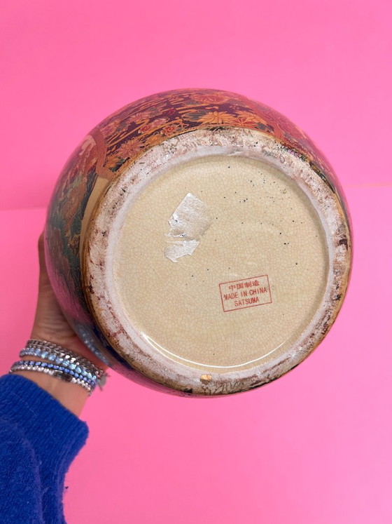 Image 1 of Vintage Satsuma Cachepot Flower Pot Planter with Peacock Motif – Hand-Painted Asian Ceramics