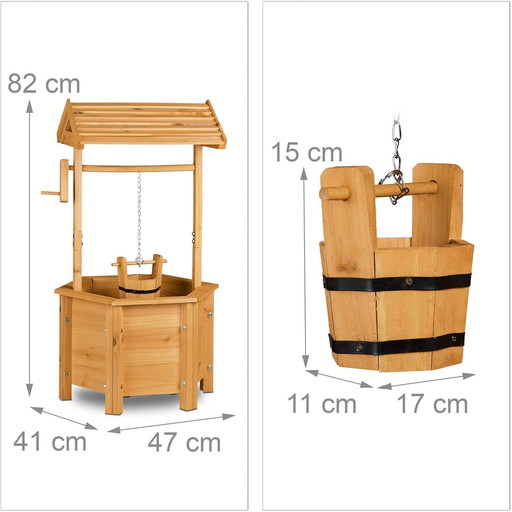 Relaxdays Wooden garden well with bucket and crank HxWxD: 82 x 47 x 41 cm, nature