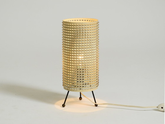 Image 1 of Original 1950s brass tripod table lamp with a perforated metal lampshade