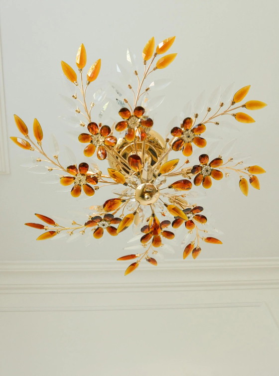 Large Amber Crystal Flower Chandelier, Maison Baguès Style, 8-Light, 1970s – Glass, Mid Century Modern (photo 3 of 10)