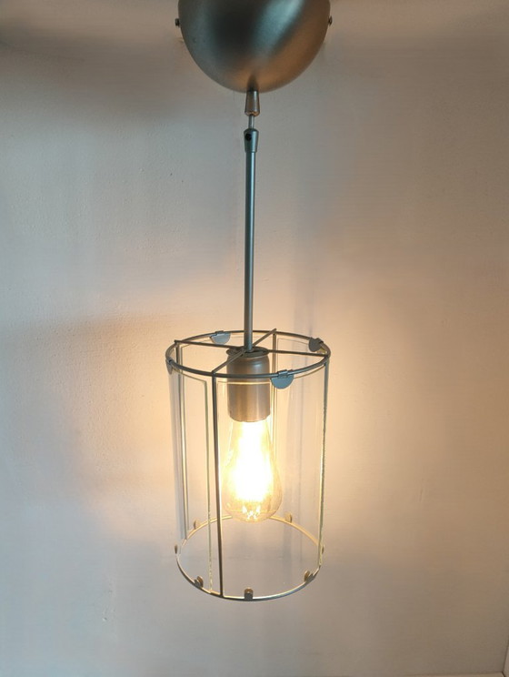Set of 2 cylindrical Metal/glass Pendant Lights (with glass 'windows')., Ceiling lights, White (photo 4 of 10)