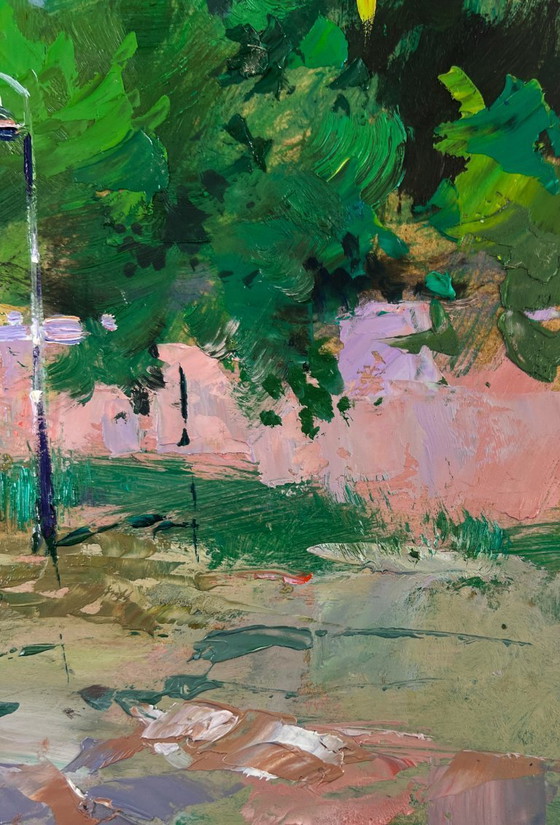 Image 1 of Original Oil Painting Summer House Landscape Old city building with stairs