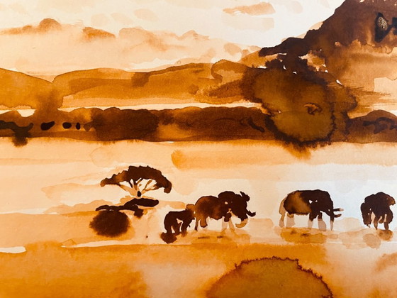 Image 1 of Signed painting of an African landscape and animals, "Kilimanjaro".