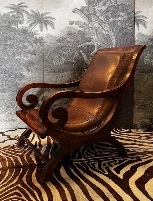 Image 1 of Kolonialstil-Pflanzenstuhl, Veranda-Archae aus Teakholz und Leder, britisch-kolonial