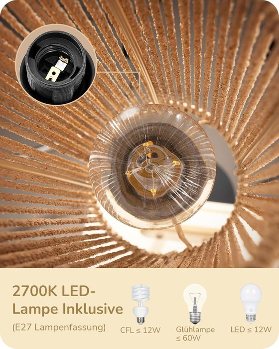 Lampada da terra Corda Naturale E27 Nera, Stile Scandinavo, Lampade da terra, Metallo, Nero, Scandinavian (foto 7 di 8)