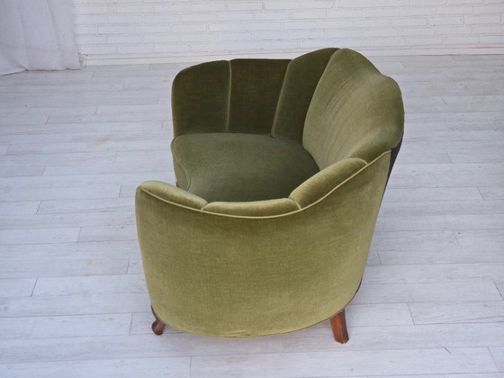 Image 1 of 1960s, Danish Curved 2-Seater Sofa, Green Furniture Velour, Oak Wood Legs