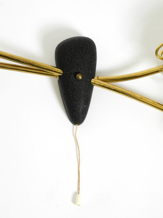 Image 1 of Wunderschöne, extrem seltene Messingwandlampe aus der Mitte des 20. Jahrhunderts mit bemalten Glasschirmen