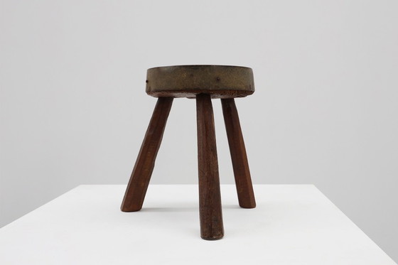 Image 1 of Brutalist French Solid Oak Tripod Stool with Metal Rim, 1850s