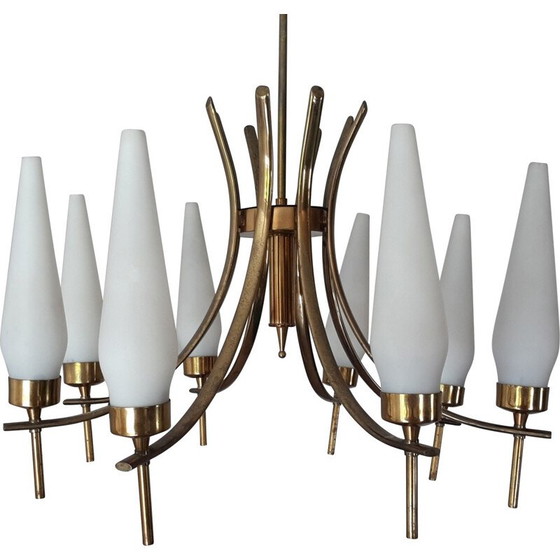 Image 1 of Italian "Tulip" chandelier in glass and brass - 1950s