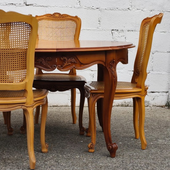 Set Of 5 French Vintage Cane Dining Chairs - 5 Big Cherry Wood Cottage Chairs - Style Louis XV - 80s (photo 11 of 19)
