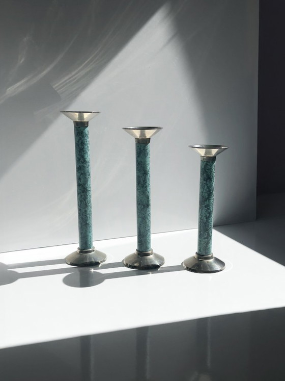 Set di 3 Portacandele Vintage effetto marmo turchese, Metallo, anni '90 (photo 2 of 6)