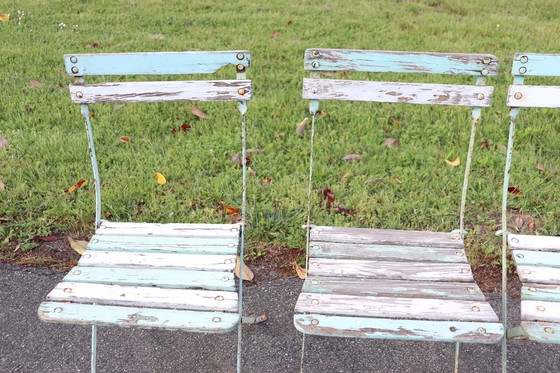 Image 1 of Set of 8 French Bistro Garden Folding Chairs in Iron and Wood Slats
