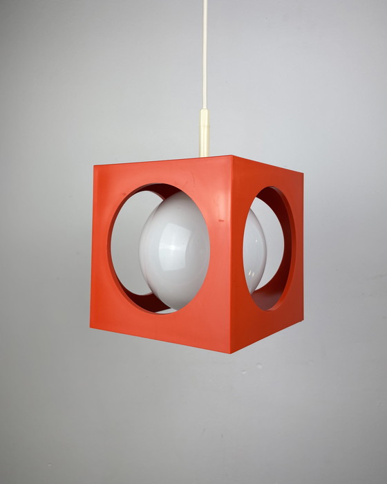 Image 1 of Space Age Ceiling Lamp, Richard Essig, Orange Minimalistic Cube Design, 1970s, Retro-Futuristic Lamp, Germany, Sputnik Design