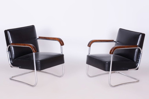 Set van twee gerestaureerde Bauhaus-fauteuils, chroom, beukenhout, rundleer, Tsjechisch, jaren 1930 – Leather, Wood