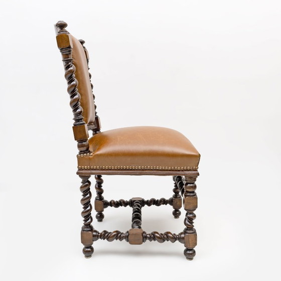 Image 1 of Six of Antique Italian Neo-Renaissance Walnut Dining Chairs in Genuine Leather.