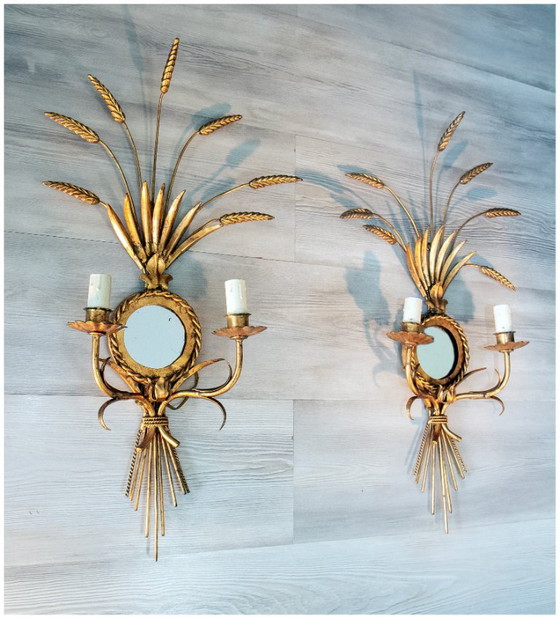 Superb pair of 1950s gilt metal Wall lights. (photo 3 of 8)