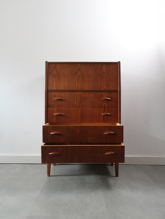 Image 1 of Vintage Danish chest of drawers in teak with flap and mirror !
