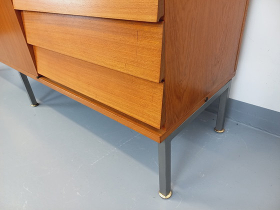 Image 1 of Louis Paolozzi's vintage modernist secretary bookcase for Monopoly in teak and metal from the 60s