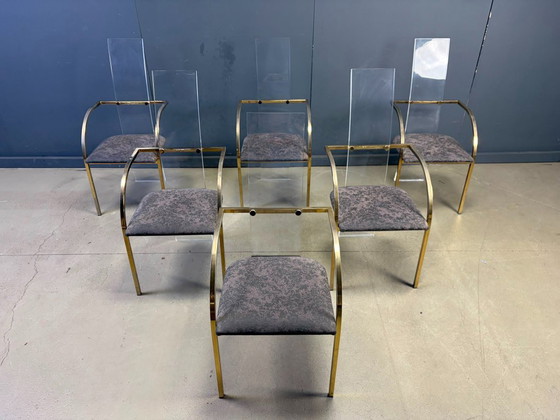 Sillas de comedor de latón y metacrilato de Belgochrom, década de 1970 - Juego de 6 – Plexiglass, Textile (photo 4 of 12)