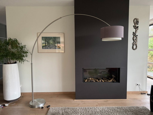 Stainless steel arc lamp with double lampshade, taupe-white