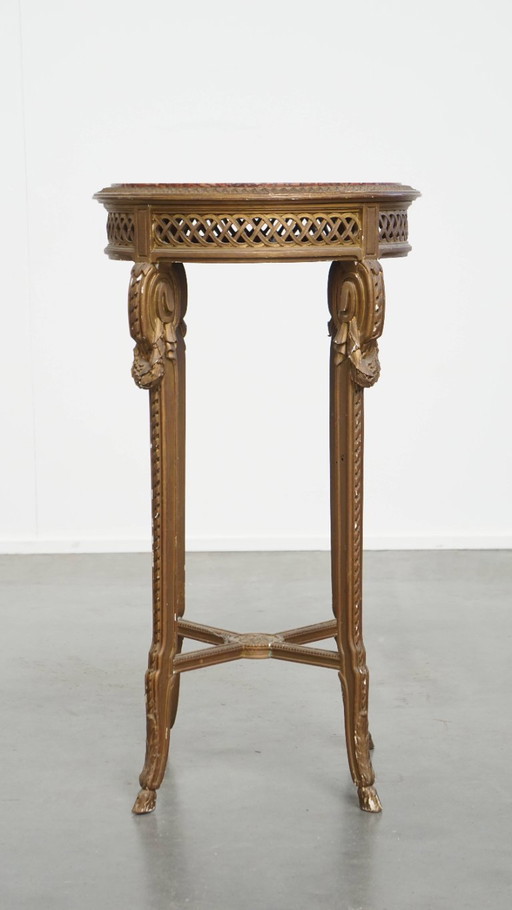 Antique French round side table with gold wood frame and marble top