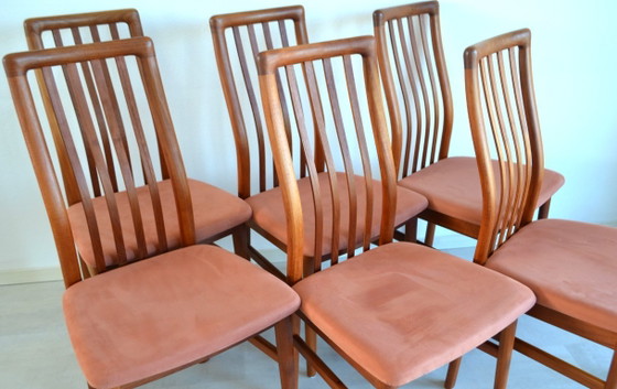 6 x chaises de salle à manger vintage danoises Kai Kristiansen – Schou Andersen, Velours, Bois (photo 10 of 13)