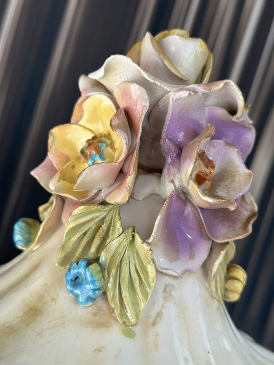 Image 1 of Vintage Baroque-Style Ceramic Lidded Bowl with Hand-Applied Flowers