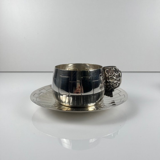 Image 1 of Pair of Art Deco silver-plated cups and saucers, Corbière & Vuillermoz (attributed), France, circa 1920/30.
