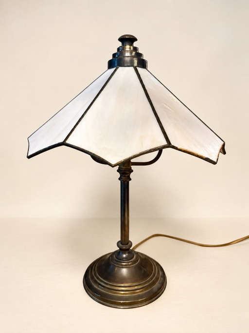 Lámpara de mesa vintage con pantalla de vidriera blanca – 33 Cm
