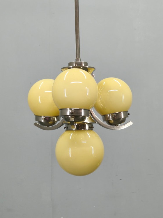 Image 1 of Art Deco Chrome and Opaline Glass Chandelier, 1930s