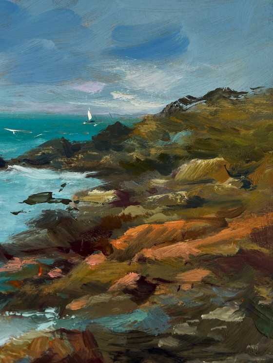 Image 1 of Original Oil Painting Coastal Rock Landscape Sailboats in the distance sea
