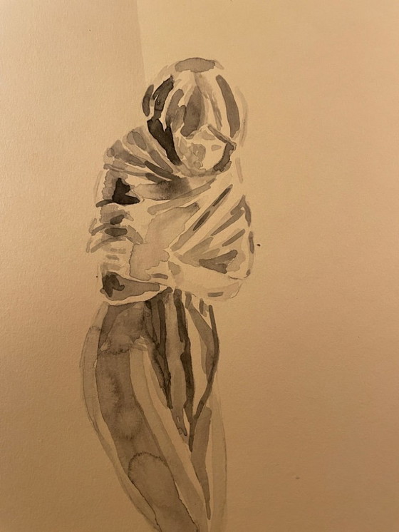 Image 1 of monochrome sepiafarbene Aquarellstudie der Statue „Die zitternde Frau“ von Houdon
