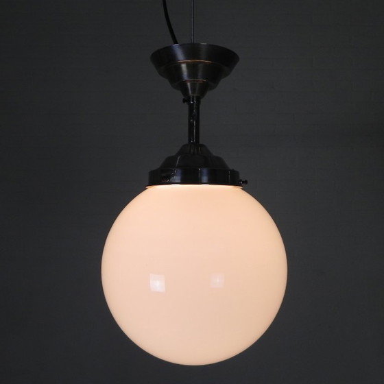 Art Deco pendant lamp with opaline glass globe, 1930s, Metal, White, Bauhaus (photo 8 of 11)