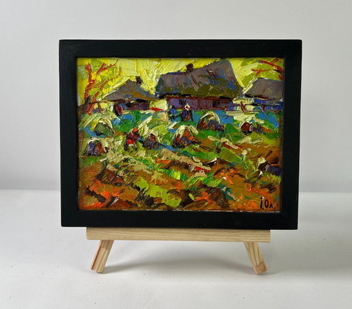 Original Oil Painting Evening Village Landscape Autumn gardens