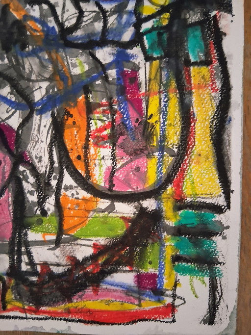 J'attrape un gros poisson, technique mixte avec encre et pastel à l'huile, art urbain