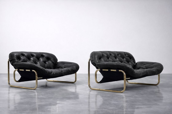 Image 1 of Vintage Mid-Century Scandinavian Modern Glamour Leather Black & Gold Sofa by John-Bertil Häggström for Swed-Form, 1970s