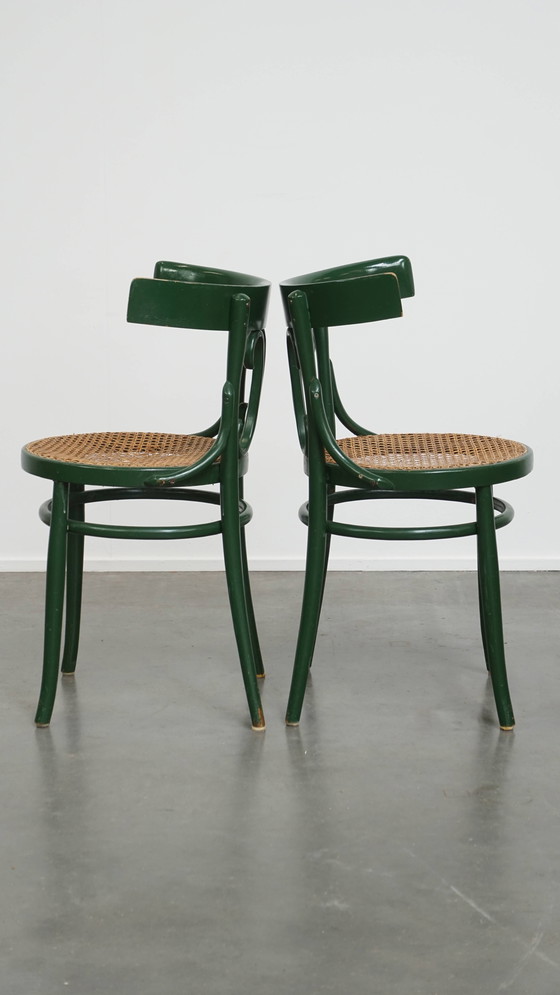 Image 1 of 2 X Green Vintage Bistro Chair With A Matt Wicker Seat