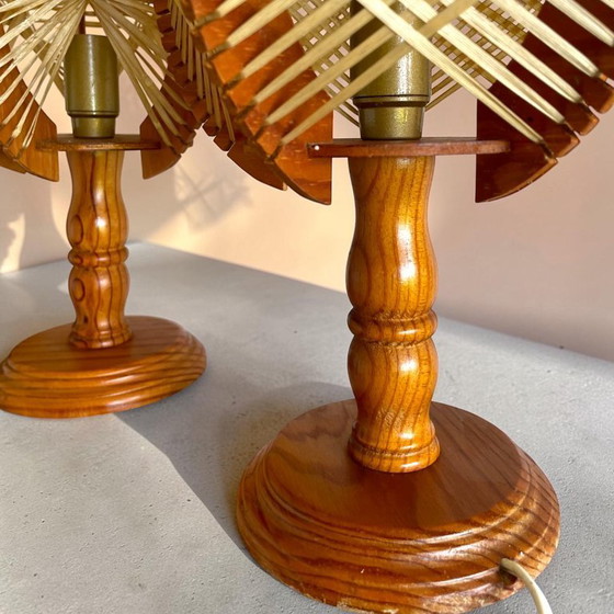Image 1 of Lampes de table en bois et paille, style campagnard portugais, années 1960, lot de 2