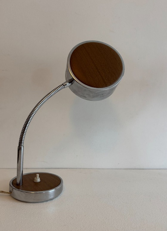Image 1 of Pair of vintage adjustable table lamps, chromed metal and wood, France, 1970
