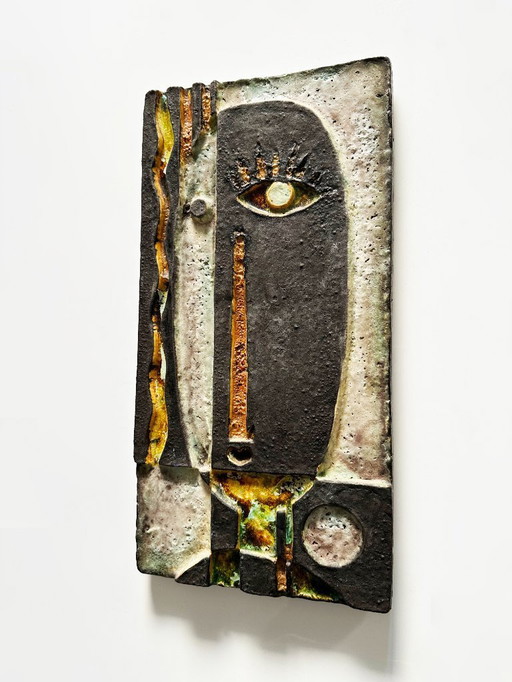 Grande sculpture murale cubiste en terre cuite émaillée. Helmut Schäffenacker – Allemagne, années 60