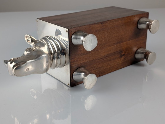 Image 1 of Almazán Rhino Bottle Holder, Mid-Century Modern Wood & Nickel Silver, 1960s