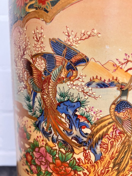 Image 1 of Vintage Satsuma large floor vase umbrella stand Japanese chinoiserie ceramic vase