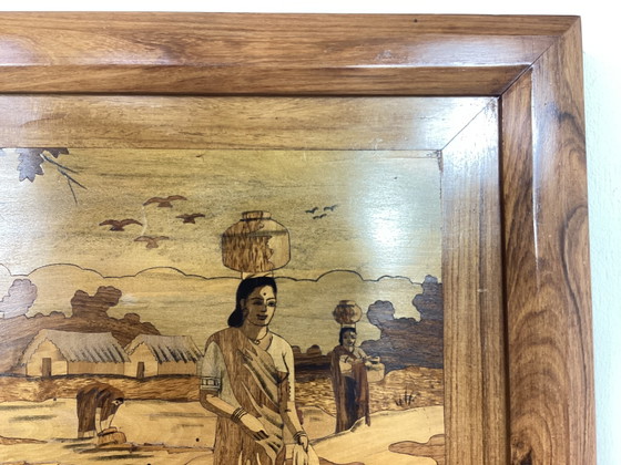 Image 1 of Vintage inlaid wood panel with an oriental image
