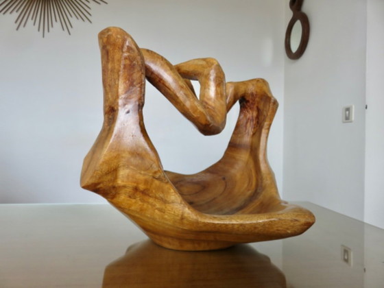 Cesta grande o centro de mesa tallado en una sola pieza de madera de olivo, circa 1970, Italia (photo 8 of 14)